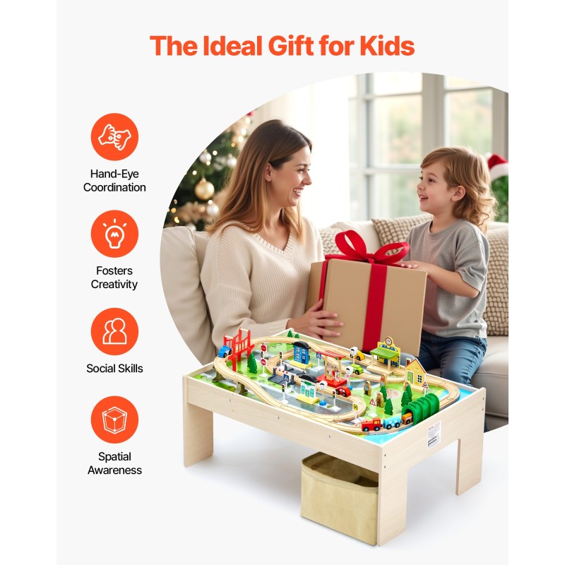 Puinen 84-osainen junarata ja leikkipöytäsarja kaksipuolisella pöytätasolla ja kokoontaitettavalla säilytyslaatikolla