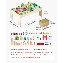 Puinen 84-osainen junarata ja leikkipöytäsarja kaksipuolisella pöytätasolla ja kokoontaitettavalla säilytyslaatikolla