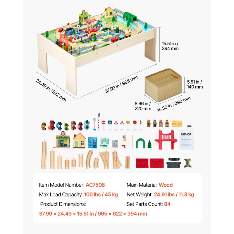Puinen 84-osainen junarata ja leikkipöytäsarja kaksipuolisella pöytätasolla ja kokoontaitettavalla säilytyslaatikolla