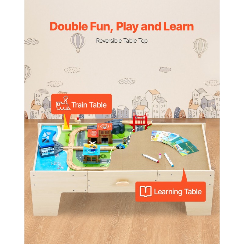 Puinen 62-osainen junapöytä leikkisetti käännettävällä pinnalla ja säilytyslaatikolla