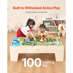 Puinen 62-osainen junapöytä leikkisetti käännettävällä pinnalla ja säilytyslaatikolla