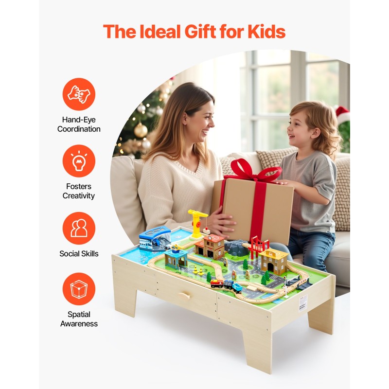 Puinen 62-osainen junapöytä leikkisetti käännettävällä pinnalla ja säilytyslaatikolla