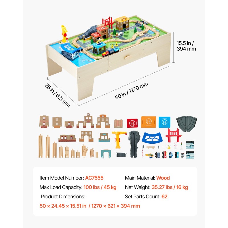 Puinen 62-osainen junapöytä leikkisetti käännettävällä pinnalla ja säilytyslaatikolla