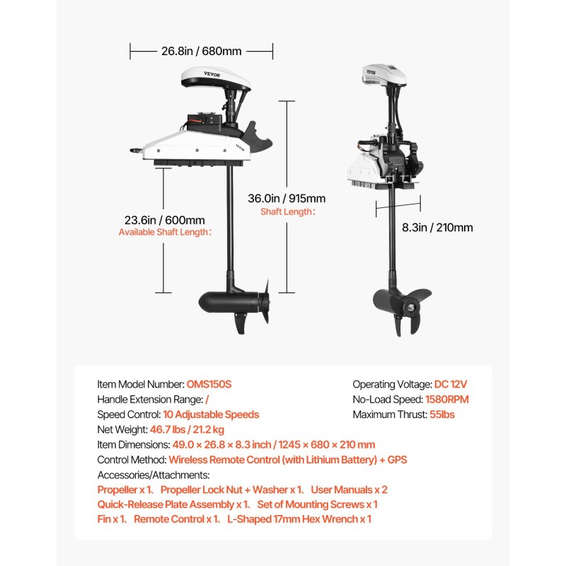 Keulasähkömoottori 55 paunan työntövoima keulaan asennettava 36-tuumainen akseli GPS ja langaton kaukosäädin
