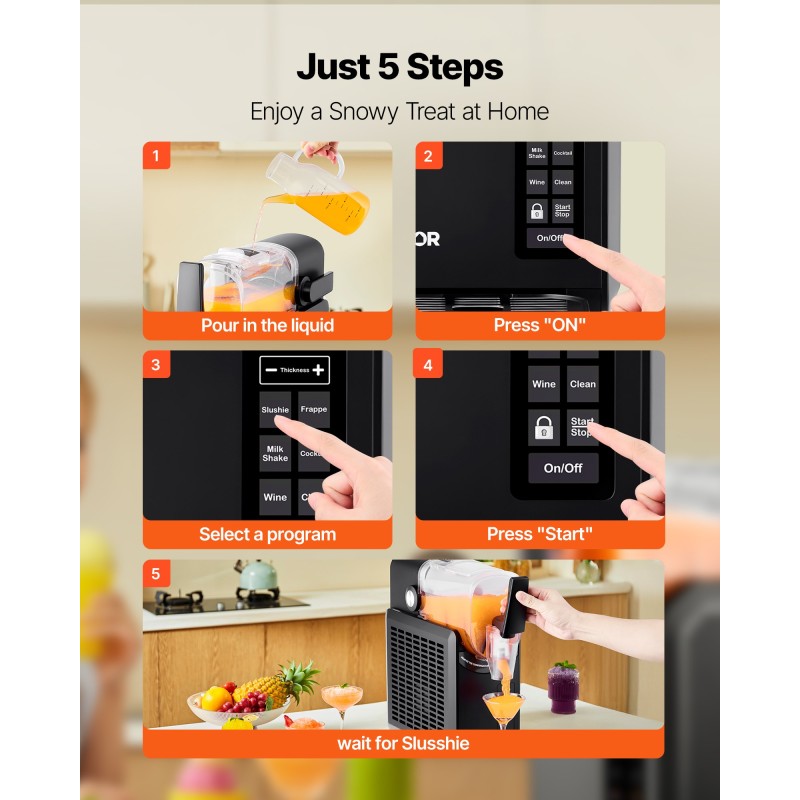 Slushkone 2,6 L säiliöllä kotikäyttöön 5 esiasetettua ohjelmaa itsepuhdistus