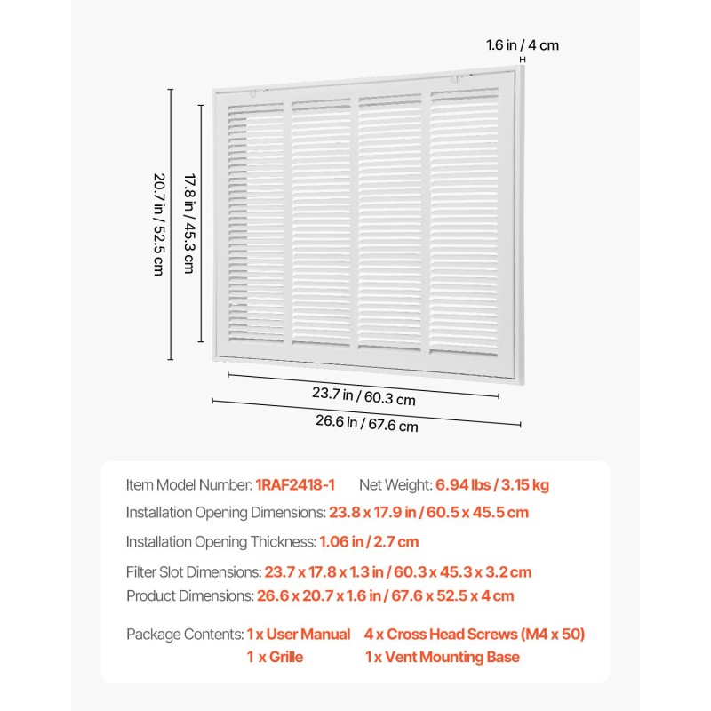 Palautusilmaritilä jauhemaalattu teräs viistot säleet 1-tuuman suodattimelle seinä- ja kattokäyttöön
