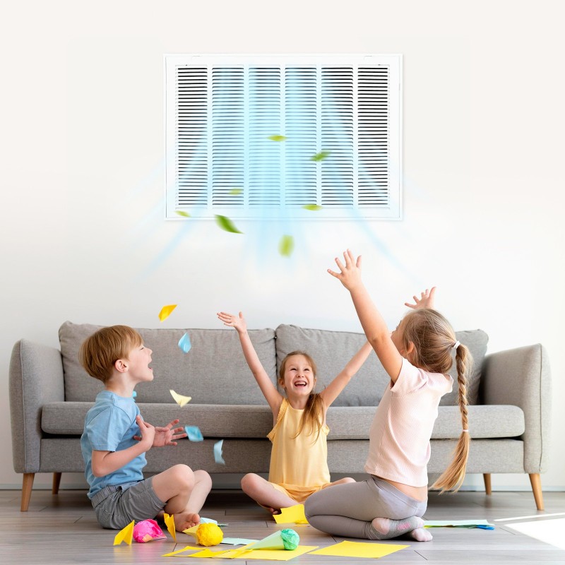 Teräksinen jauhemaalattu paluuilmaritilä avattavalla etupaneelilla sopii 75,5 x 50,5 cm aukkoon