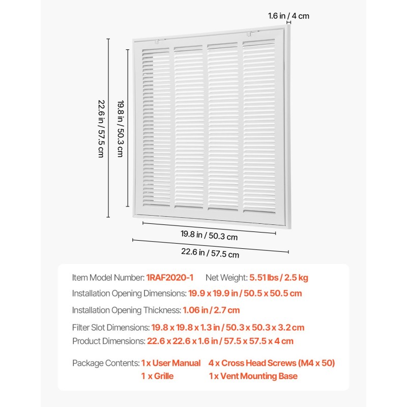 Paluuilmasuodatinritilä jauhemaalattua terästä 50,5×50,5 senttimetriä seinä ja katto
