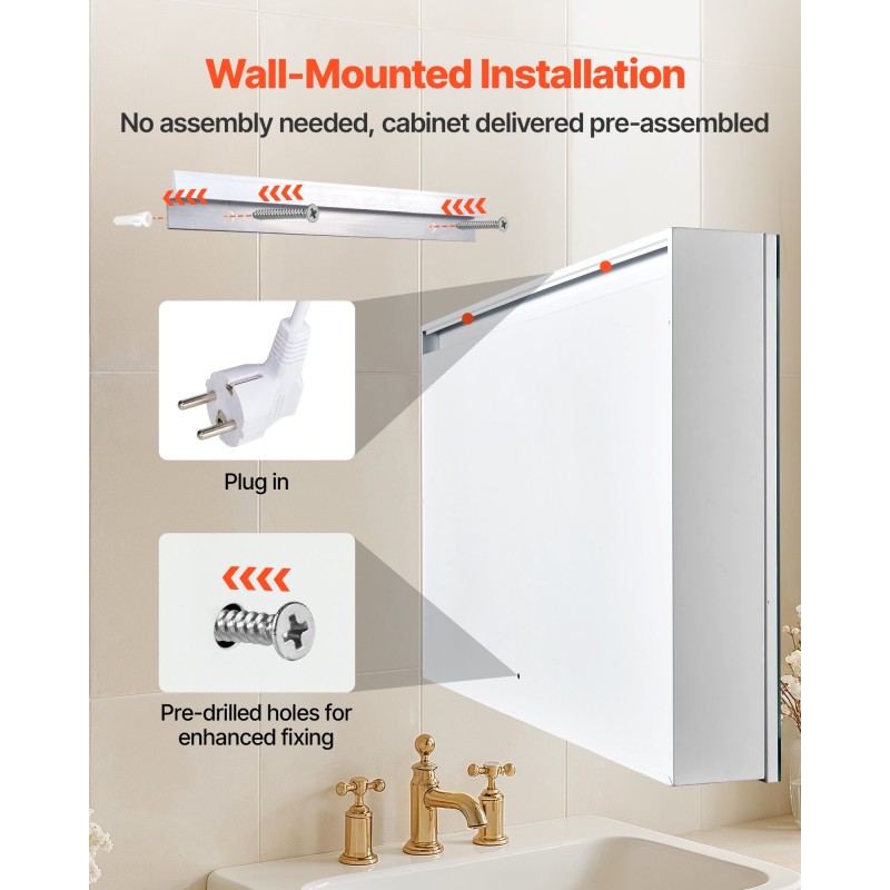 Seinäkiinnitteinen lääkekaappi peilillä 60 x 80 cm kolmivärinen himmennettävä LED-valaistus integroidulla pistorasialla