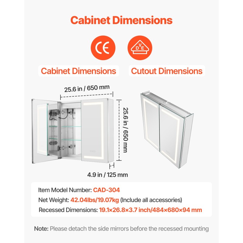 LED-valaistu peilikaappi kylpyhuoneeseen 650x125x650 mm kosketusohjaus huurteenpoisto