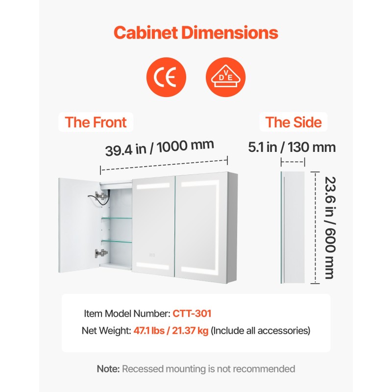 Seinälle asennettava lääkekaappi 100 x 60 cm karkaistulla lasipeilillä himmennettävä kolmivärinen LED-valaistus