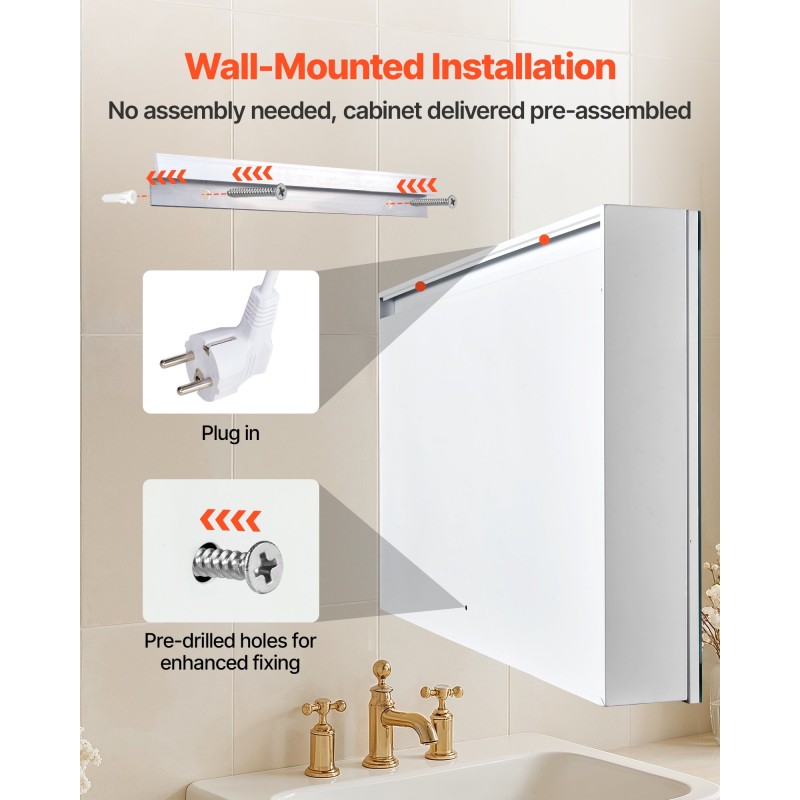 Seinälle asennettava lääkekaappi 100 x 60 cm karkaistulla lasipeilillä himmennettävä kolmivärinen LED-valaistus