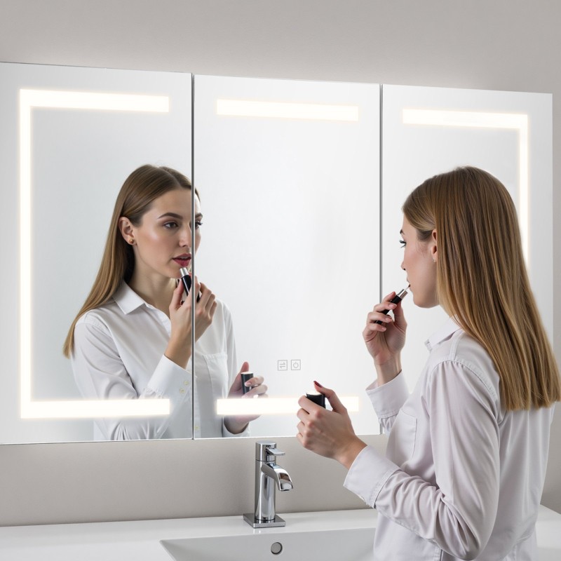 Seinälle asennettava lääkekaappi 100 x 60 cm karkaistulla lasipeilillä himmennettävä kolmivärinen LED-valaistus