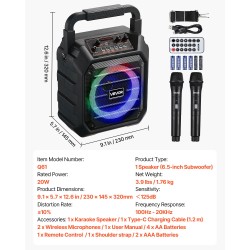 Karaokelaite 20-watin teho 6,5-tuuma kaiutin kaksi langatonta mikrofonia Bluetooth 5.1 ladattava akku