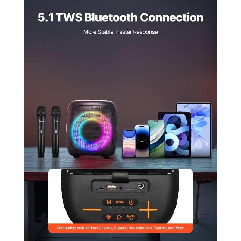 Kannettava karaokekaiutin 15W kaksi langatonta mikrofonia Bluetooth 5.1 TWS LED ladattava akku