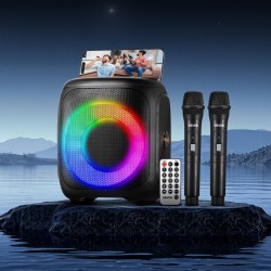 Kannettava karaokekaiutin 15W kaksi langatonta mikrofonia Bluetooth 5.1 TWS LED ladattava akku