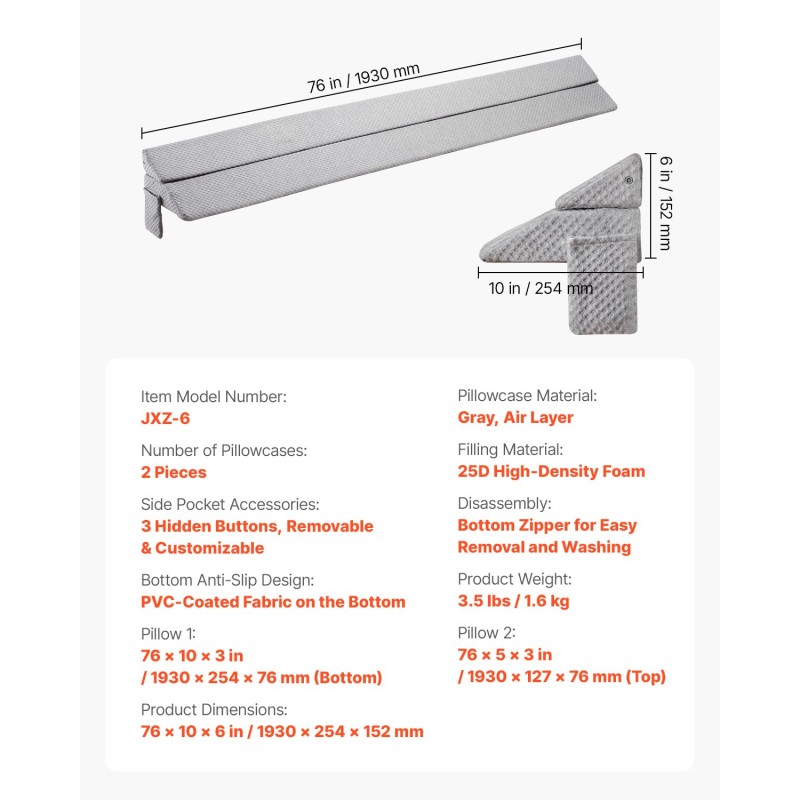 Sängynraon täyttötyyny 25D korkeatiheyksinen vaahto 0–178 mm rakoihin irrotettavalla päällisellä ja sivutaskulla