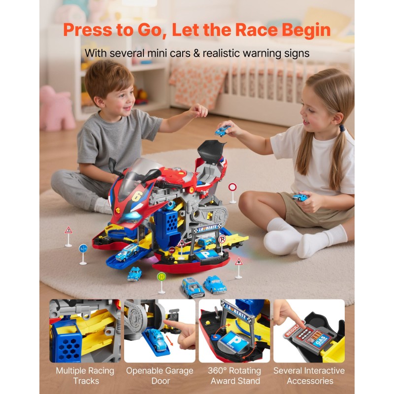 Moottoripyörälelu 6 leikkitilaa ABS ja PP-muovia 2 kilparataa 25 osaa punainen