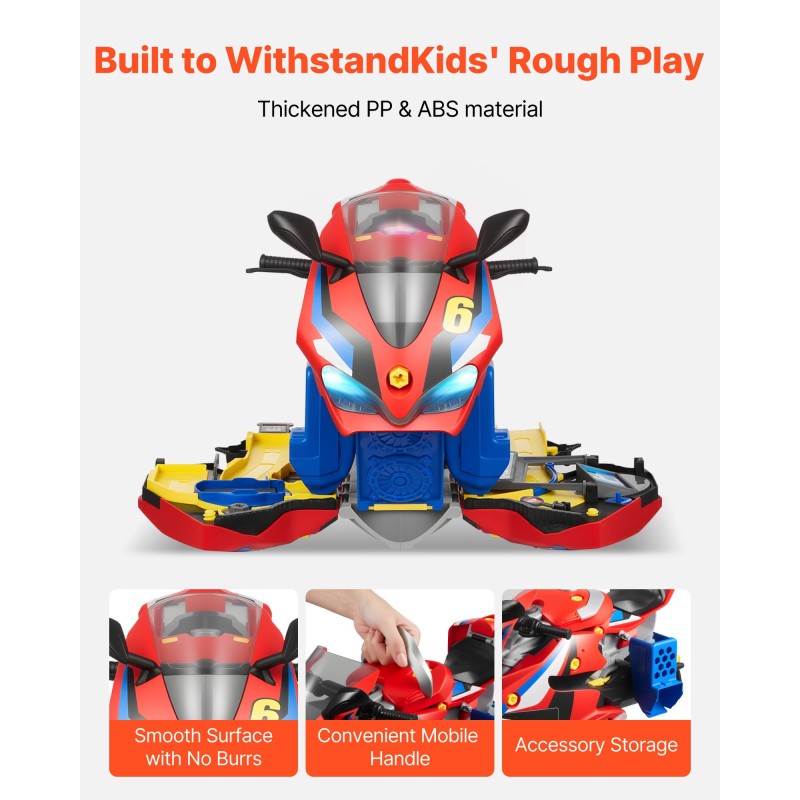 Moottoripyörälelu 6 leikkitilaa ABS ja PP-muovia 2 kilparataa 25 osaa punainen