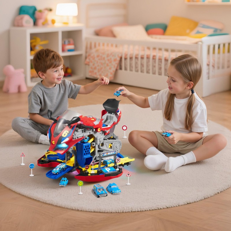 Moottoripyörälelu 6 leikkitilaa ABS ja PP-muovia 2 kilparataa 25 osaa punainen