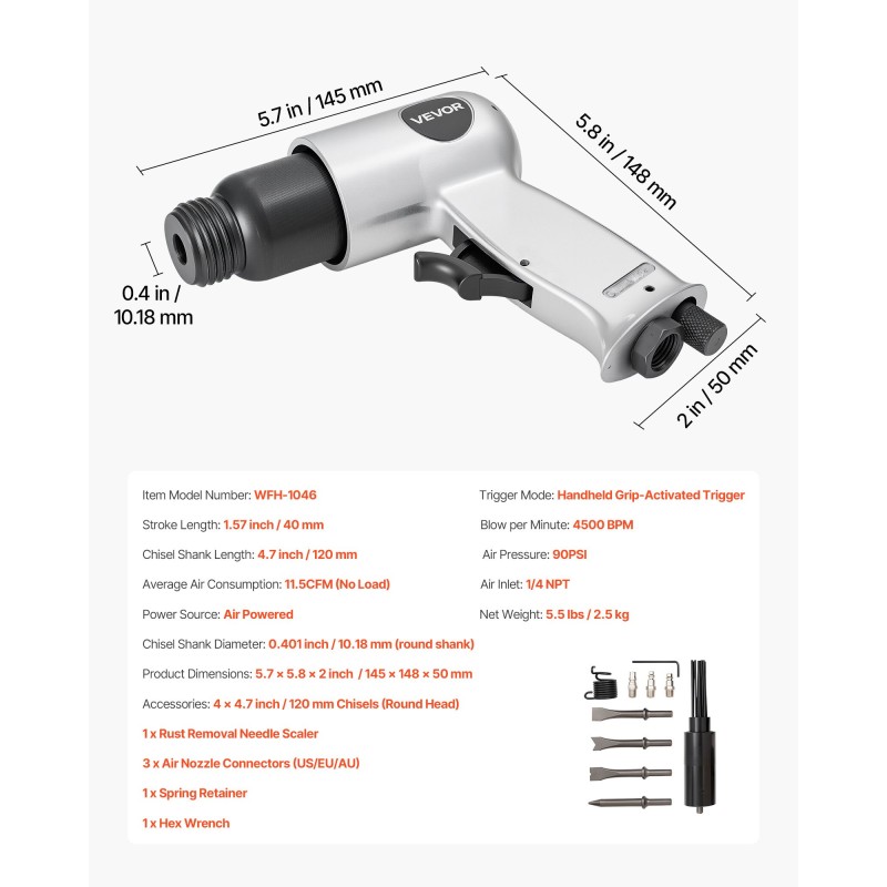 Paineilmavasara kompakti 40 mm iskunpituus 4500 BPM 4 talttaa ruosteenpoistoneulain ergonominen kahva
