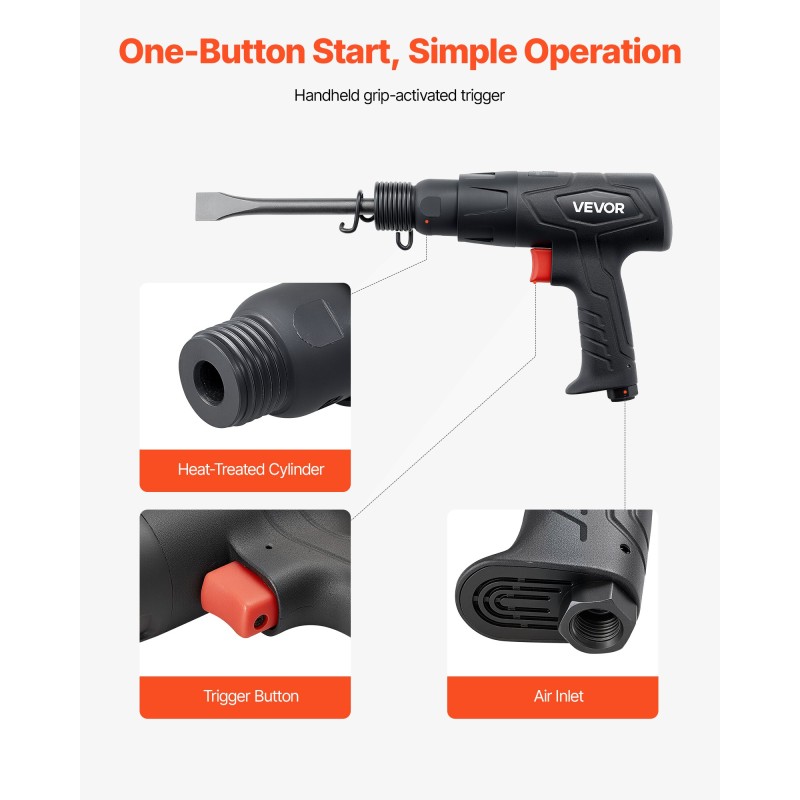 Paineilmakäyttöinen pistoolimallinen meisselivasara seitsemänkymmenen millimetrin iskunpituus neljä meisseliä mukana