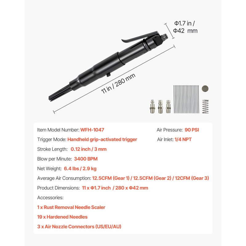 Paineilma neulalaikkuri 19 neulaa 3-portainen säätö 2,9 kilogrammaa