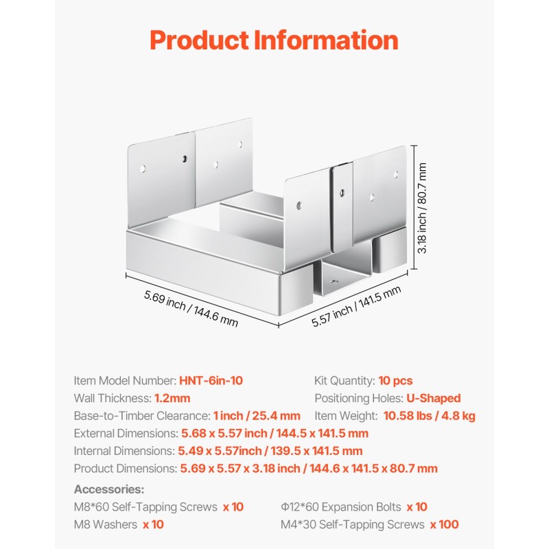 Pylväjalusta 6x6 puupylväälle sinkitty hiiliteräs 10 kpl