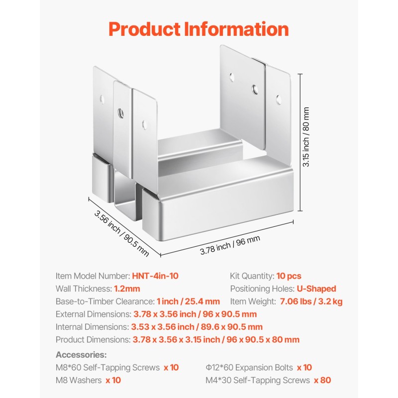 Pylväsjalusta puupylväälle sinkitty hiiliteräs kymmenen kappaletta sisämitat 89,6x90,5 mm