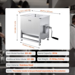 Käsikäyttöinen lihasekoitin 80 litran ruostumatonta terästä makkaran ja jauhelihan sekoittamiseen