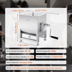 Manuaalinen lihasekoitin ruostumatonta terästä 60L säiliö 60 paunaa säädettävät kumijalat