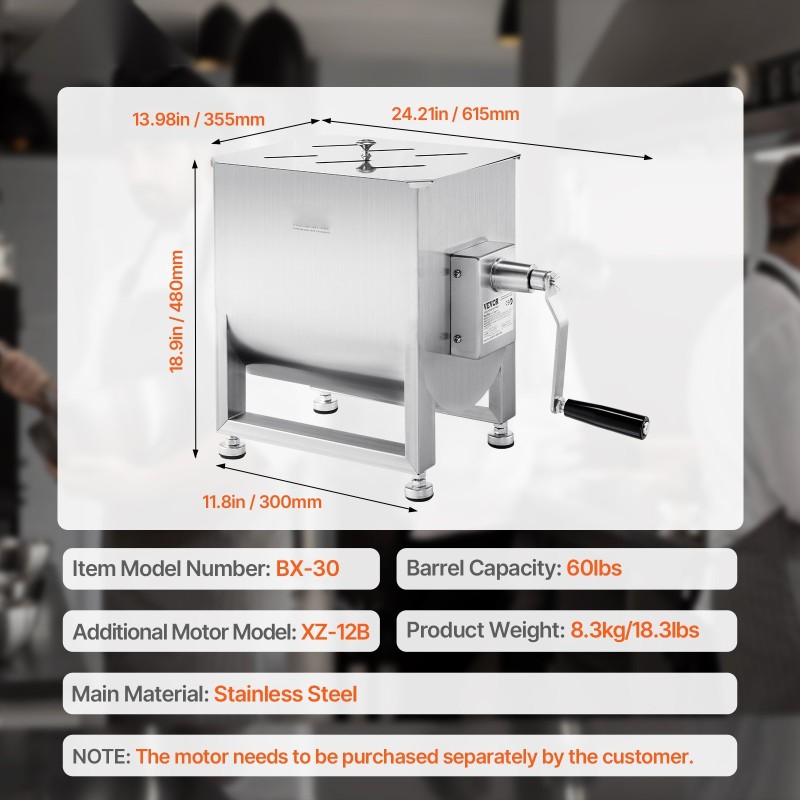 Manuaalinen lihasekoitin ruostumatonta terästä 60L säiliö 60 paunaa säädettävät kumijalat