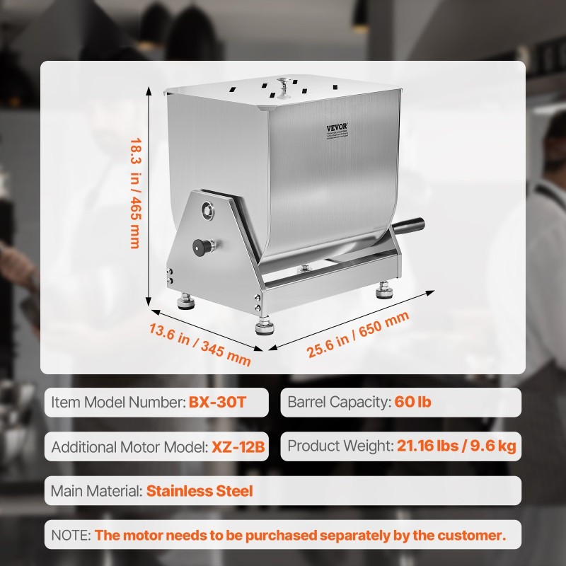 Käsikäyttöinen lihasekoitin SUS201-ruostumattomasta teräksestä 60 L säiliöllä