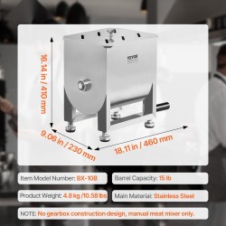 Manuaalinen lihasekoitin 15 L säiliö SUS201 ruostumaton teräs ergonominen kampikahva säädettävät kumijalat