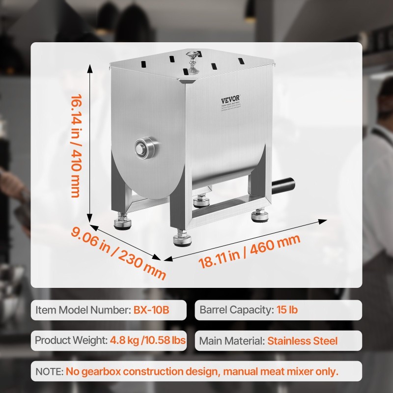 Manuaalinen lihasekoitin 15 L säiliö SUS201 ruostumaton teräs ergonominen kampikahva säädettävät kumijalat