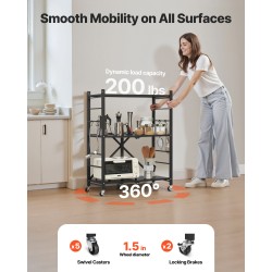 3-tasoinen taittuva säilytyshylly Q235A-hiiliteräksestä musta 5 pyörää 4 koukkua