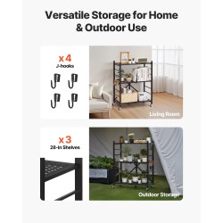 3-tasoinen taittuva säilytyshylly Q235A-hiiliteräksestä musta 5 pyörää 4 koukkua