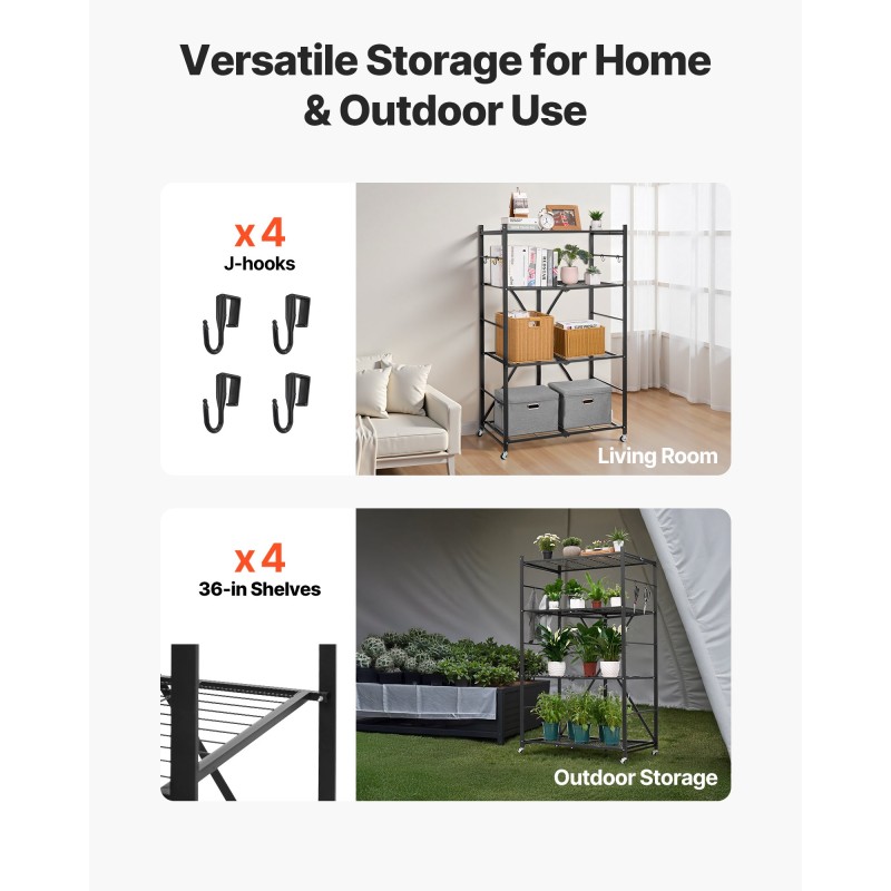 Taittuva metallihylly neljä tasoa hiiliteräs viisi lukittavaa pyörää 530x910x1520 mm musta