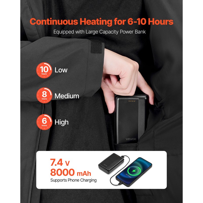 Miesten lämmitettävä vedenpitävä softshell-takki koko S musta 5 lämmitysvyöhykettä 8000 mAh virtapankki