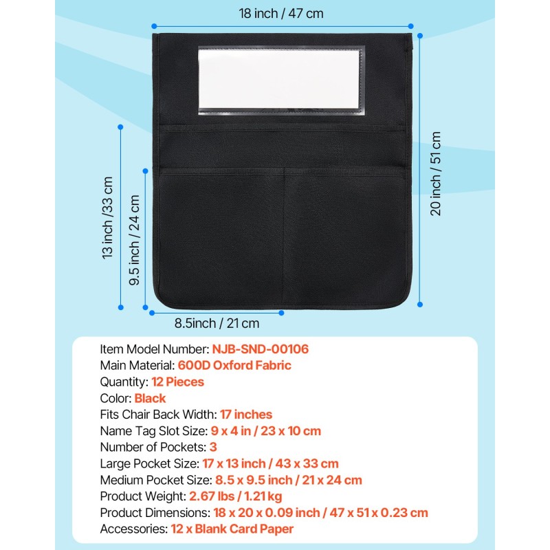Tuolinselkätaskusetti 12 kpl 600D Oxford-kangas musta sopii 17 tuuman selkänojaan