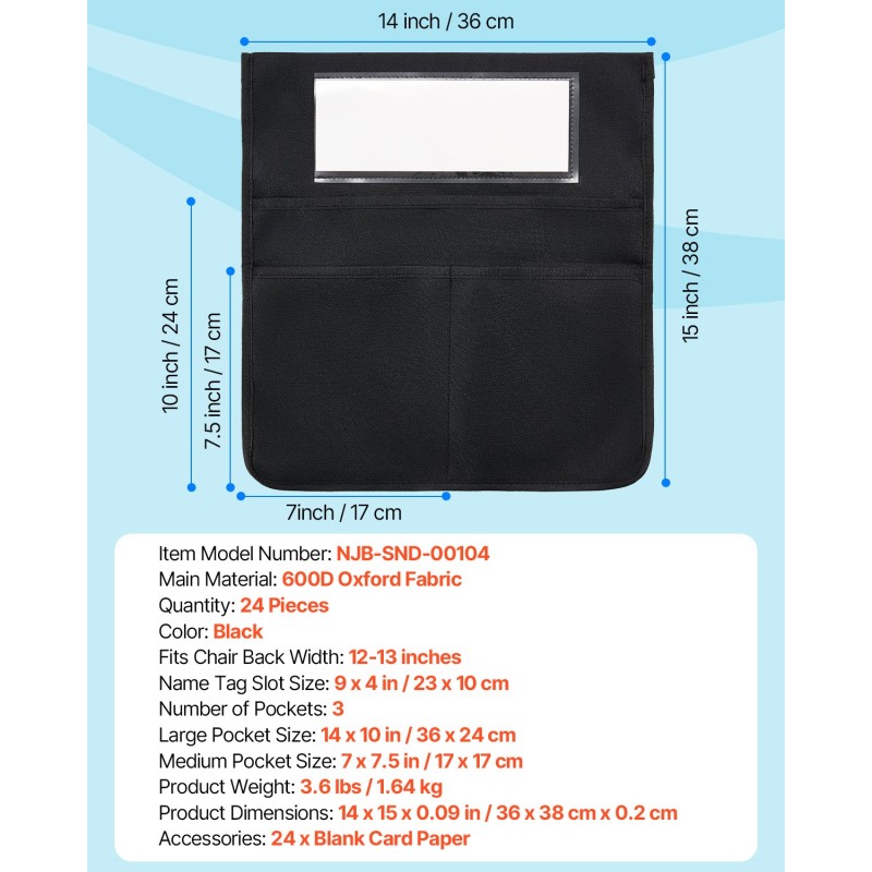 Tuolitaskusarja 24 kpl 600D Oxford-kangas musta sopii 12–13 tuuman selkänojiin