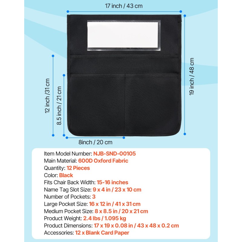 Tuolin selkänojan säilyttimet 12 kpl musta 600D Oxford-kangas 3 taskua