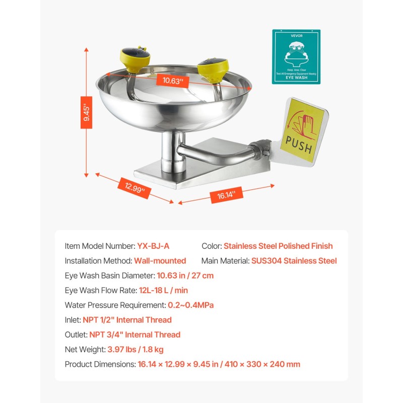 Seinäasennettava hätäsilmähuuhtelupiste SUS304-ruostumaton teräs ABS-pinnoite 12–18 l/min työtiloihin