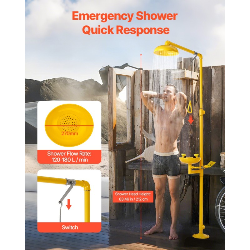 Lattia-asenteinen hätäsuihku ja silmähuuhteluasema SUS304-teräs ABS-pinnoite kouluille laboratorioihin