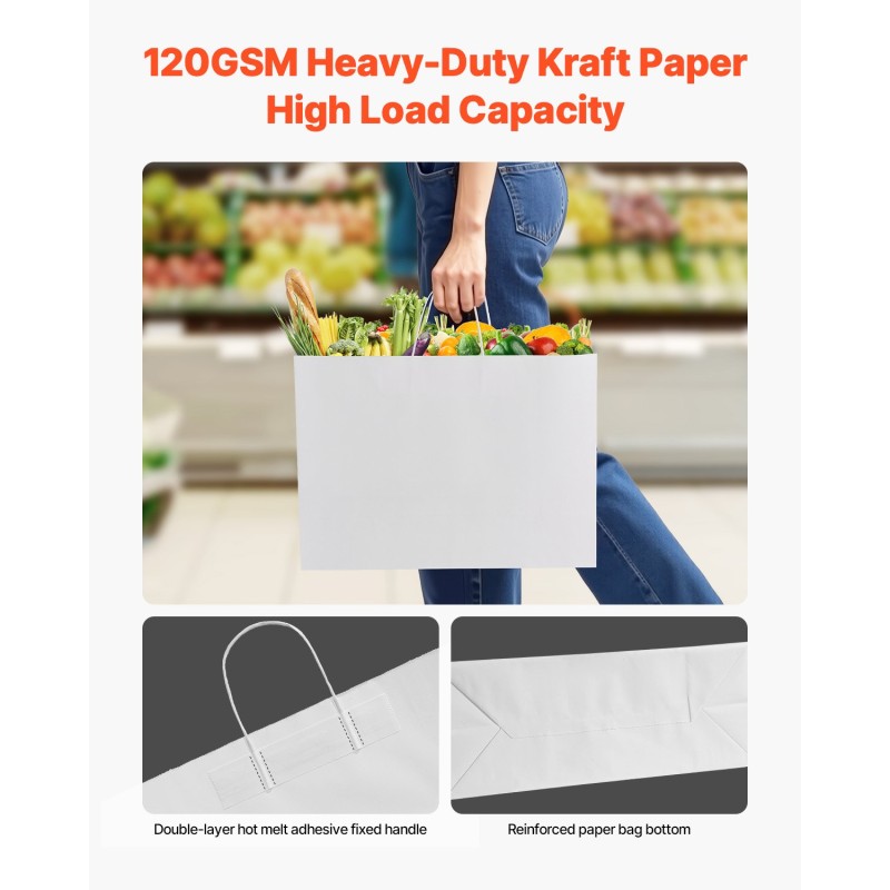 Paperikassit kraft-paperista valkoiset 406×152×308 mm 100 kpl kantokahvoilla