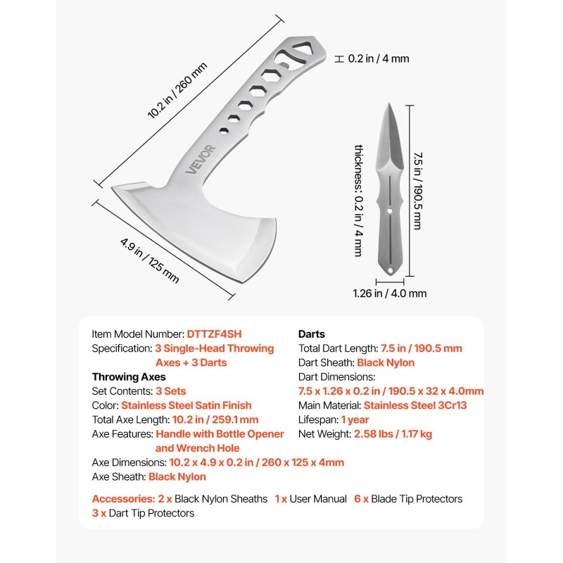 Heittokirves ja heittoveitsisetti kolmen setin ruostumatonta terästä 260 ja 190 mm
