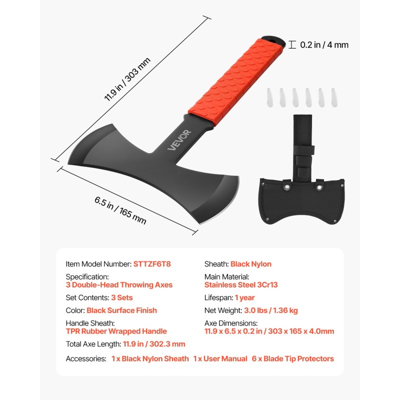 Heittokirvessarja 3 kpl ruostumaton teräs 303 mm kumipinnoitettu kahva musta nailonsuojuksilla