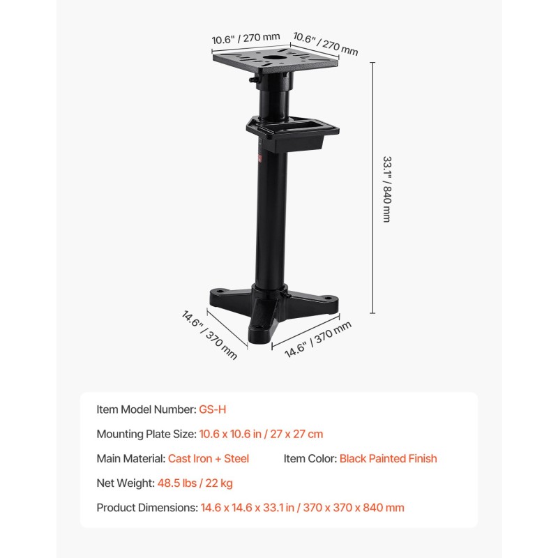 Penkkihiomakoneen jalusta valurauta ja teräs 27 x 27 cm kiinnityslevy 840 mm