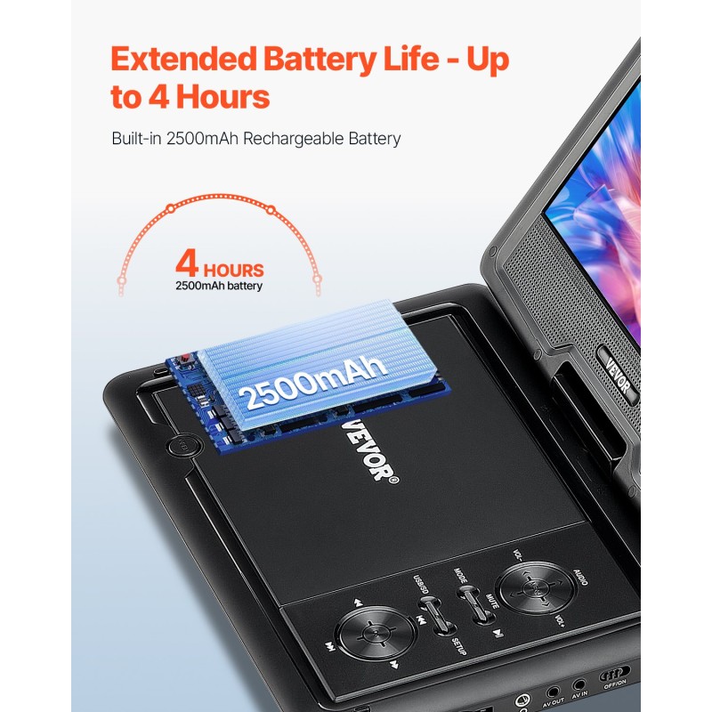 Kannettava DVD-soitin 10,1-tuumainen kääntyvä HD-näyttö 4 tunnin akku musta