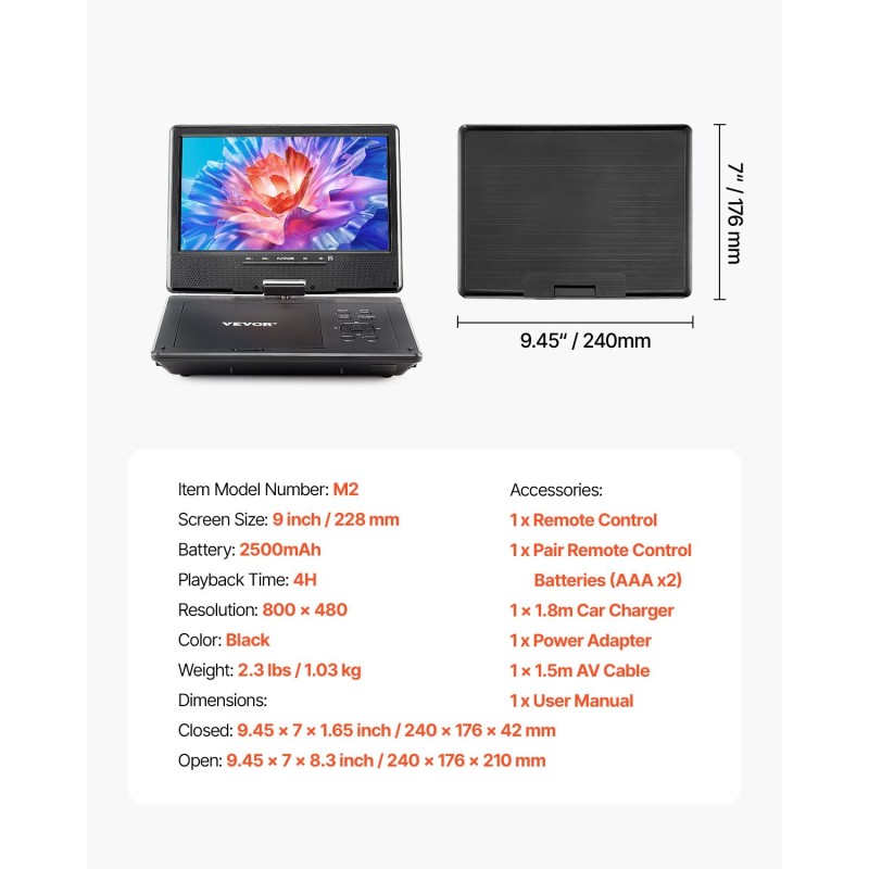 Kannettava DVD-soitin 9 tuuman teräväpiirtinäytöllä 4 tunnin akulla musta